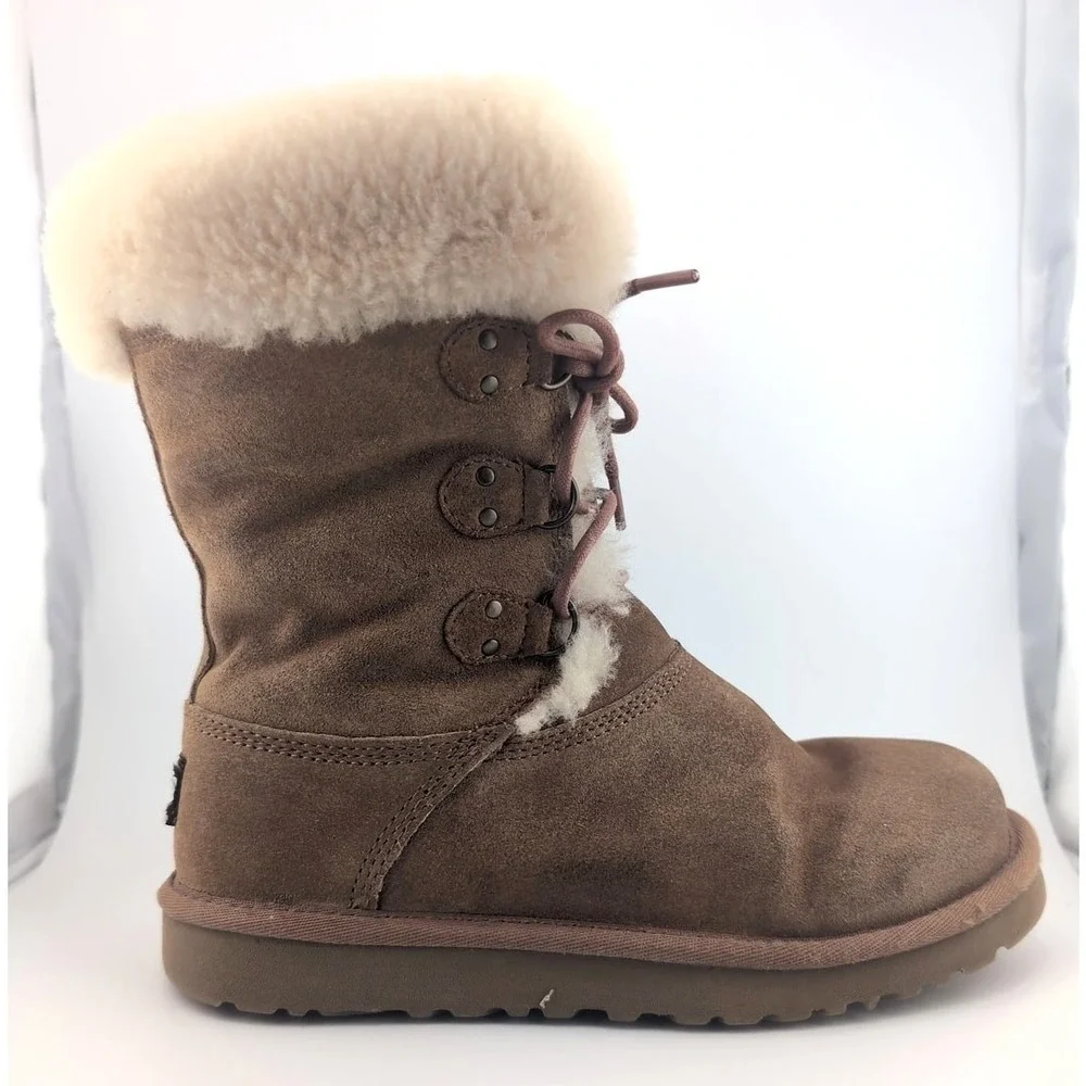 UGG Australia Sophy Leather Boots Girls US Size 4 Brown Chestnut Winter Fall‎